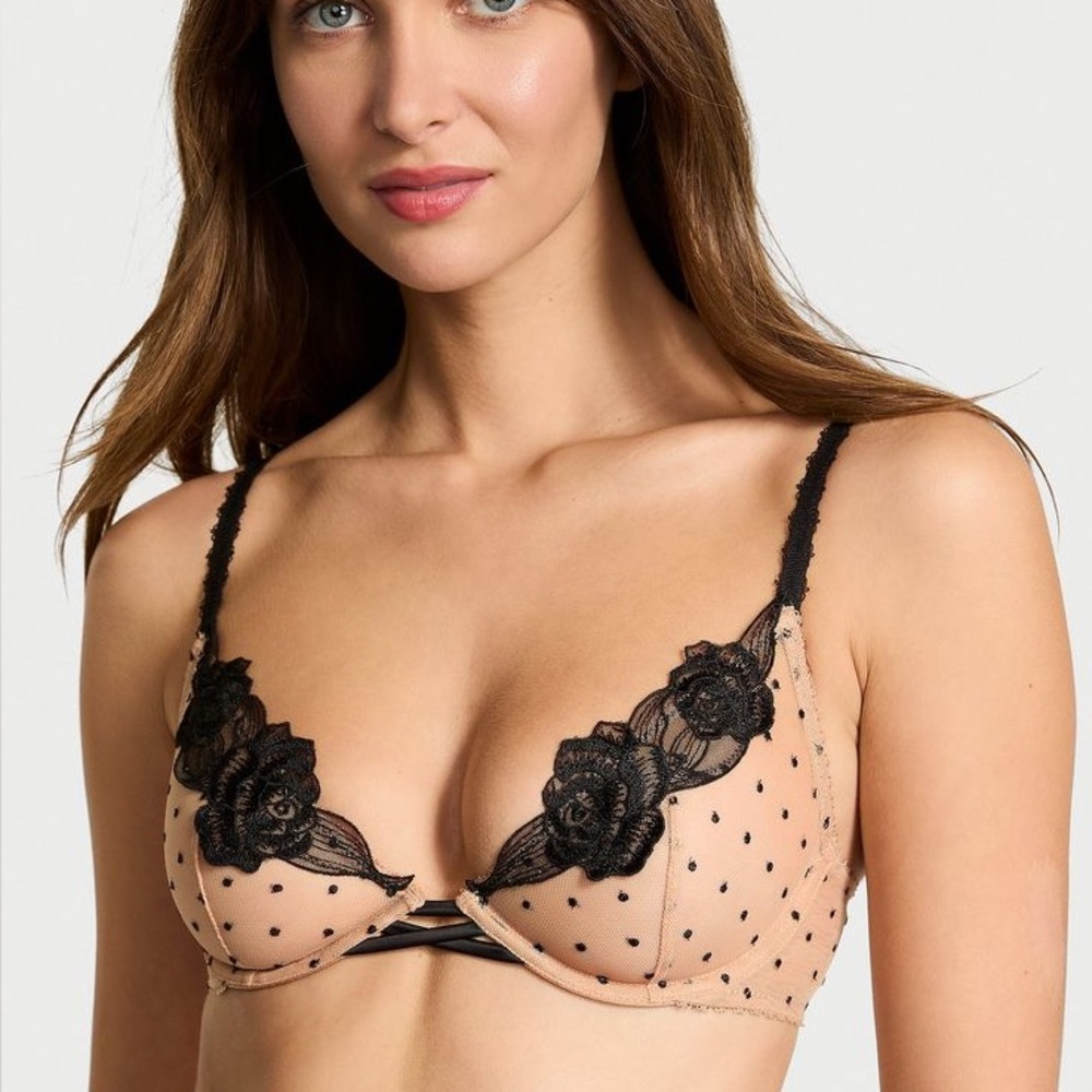 Victoria Secret VERY SEXY Sheer Rose Unlined Low-Cut Demi Bra Size 38D Black